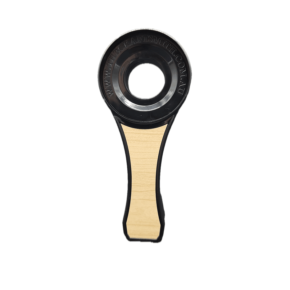 Animated rotating view of The Craft Smith woodgrain kegerator handle on a white background.